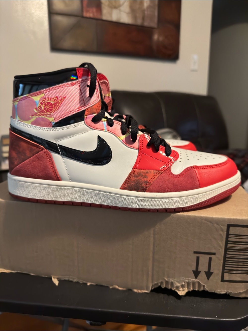 Jordan High-Top Sneakers in Red, White & Black with Pink Accents